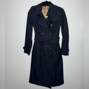 Burberry Chelsea Vintage Check Gabardine Trench Coat Midnight Navy Size 2